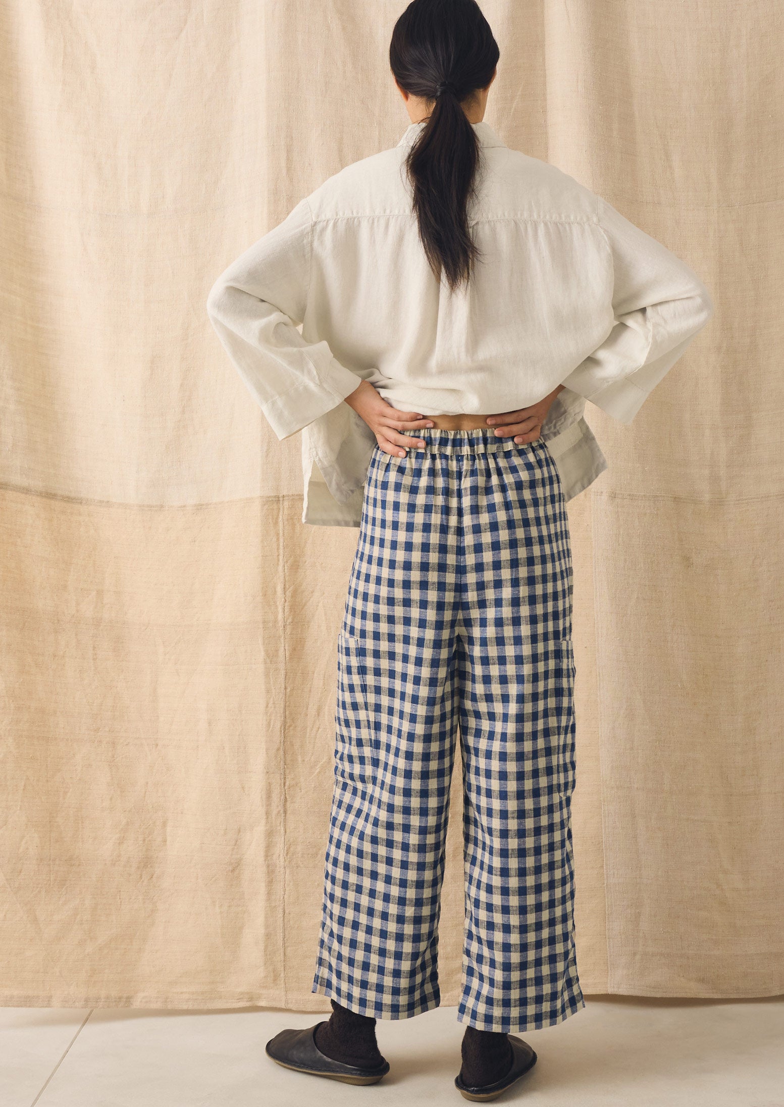 Gingham Linen Cotton Patch Pocket Trousers | Denim Blue | TOAST