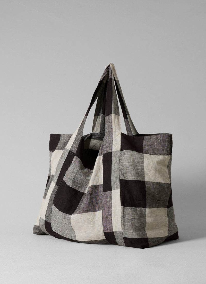 Macro Gingham Lightweight Linen Bag | Ecru/Charcoal
