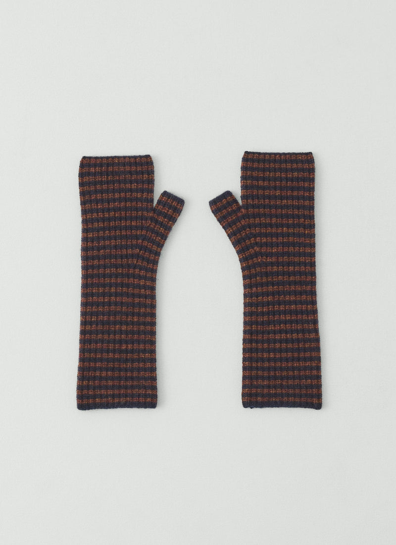 Stripe Wool Cashmere Fingerless Gloves | Navy/Pecan