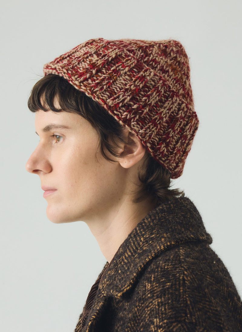 Hand Knitted Marl Beanie | Claret Red/Stone