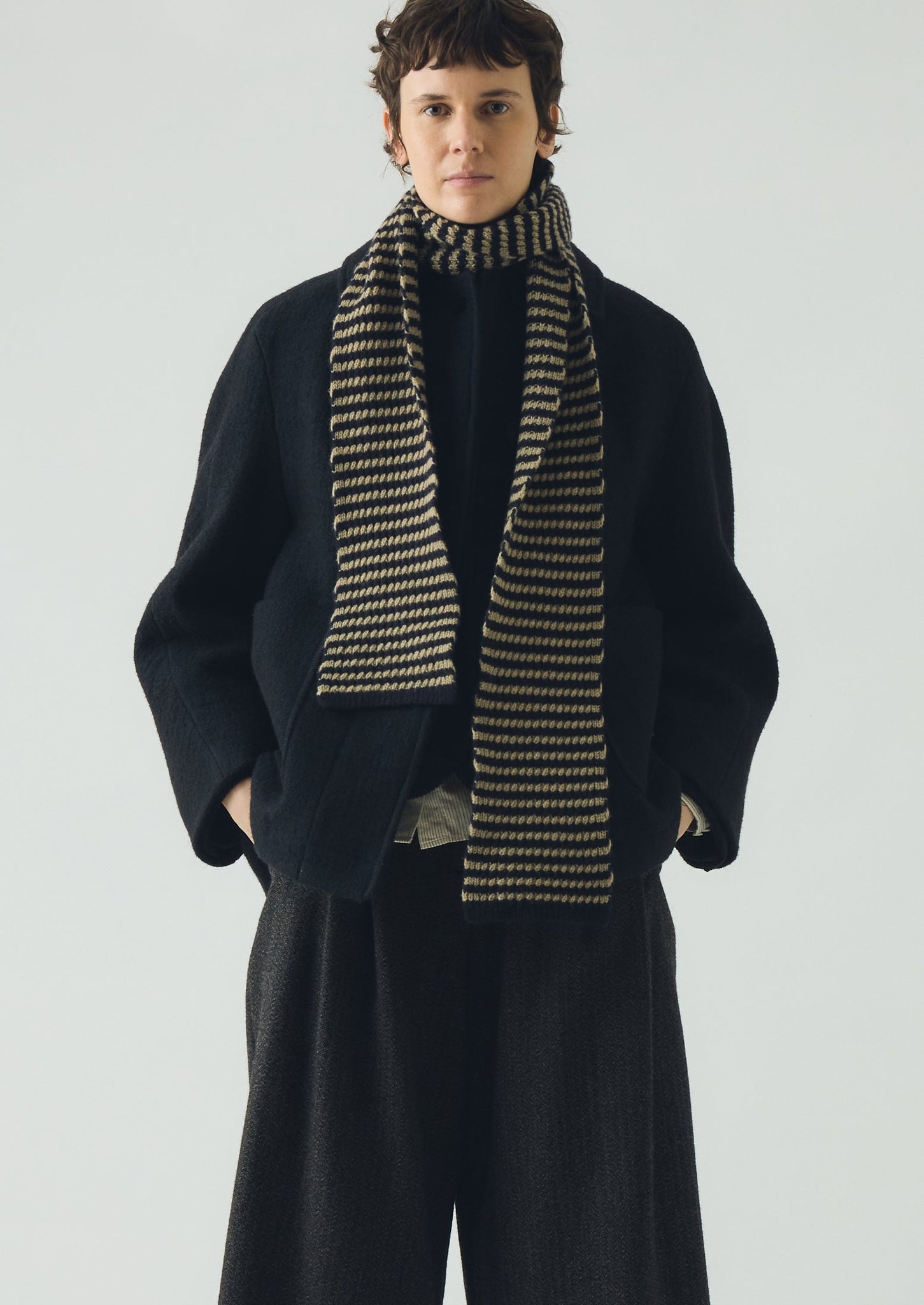 Micro Cable Striped Wool Scarf | Navy/Putty