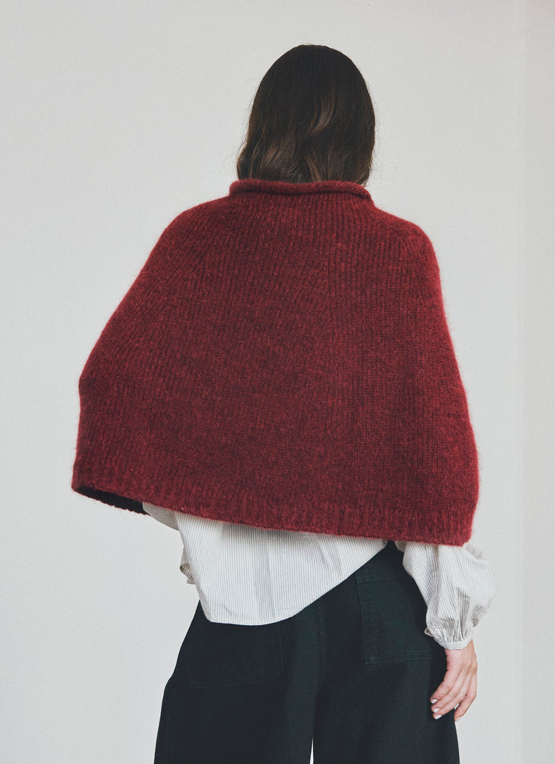 Lofty Alpaca Blend Knitted Poncho | Carmine Red