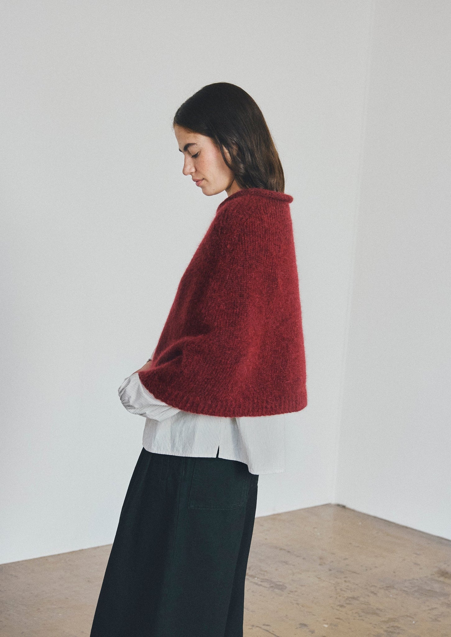 Lofty Alpaca Blend Knitted Poncho | Carmine Red