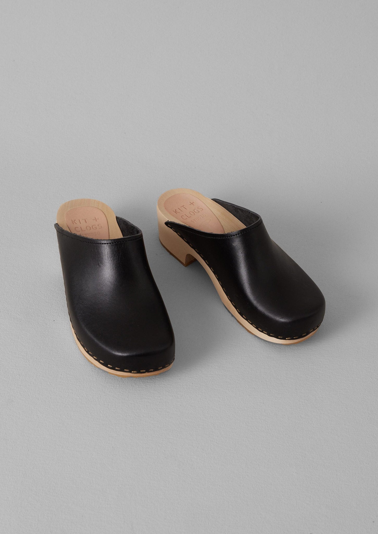 Kit and Clogs Studio Leather Mid Heel Clogs | Black