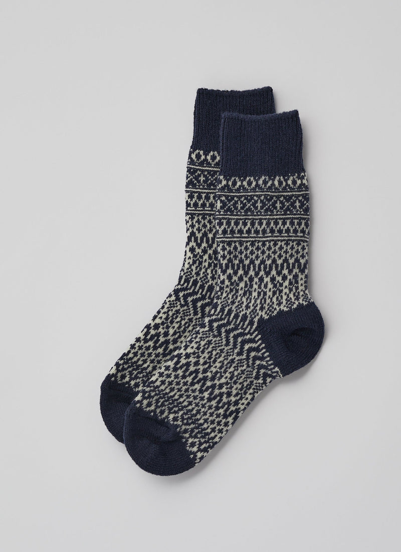 Nishiguchi Kutsushita Wool Jacquard Socks | Dark Blue/White