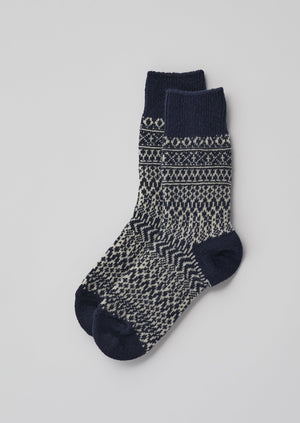 Nishiguchi Kutsushita Wool Jacquard Socks | Dark Blue/White