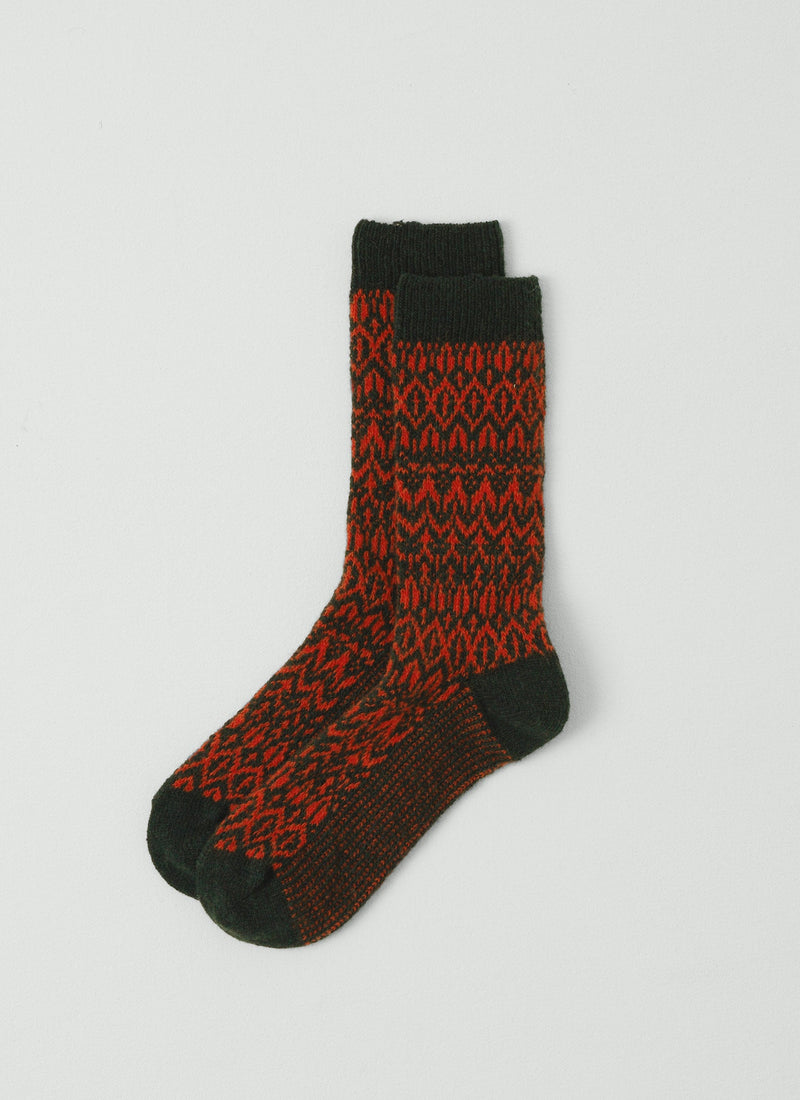 Diamond Jacquard Socks | Dark Green/Blood Orange