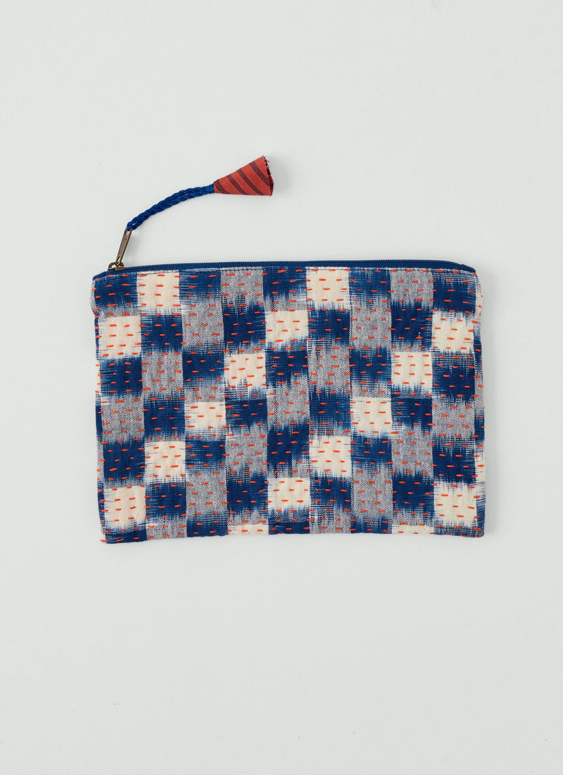 Remnant Fabric Kantha Pouch | Ink Blue/Tomato