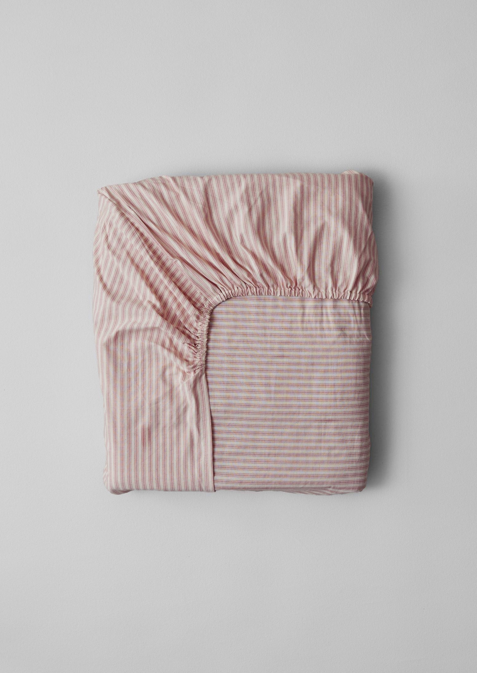 Organic Ticking Stripe Super King Fitted Sheet | Ecru/Rose