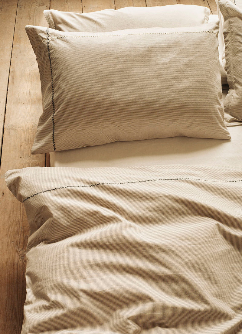 Fine Stripe Cotton Housewife Pillowcase | Ecru/Smoke Blue