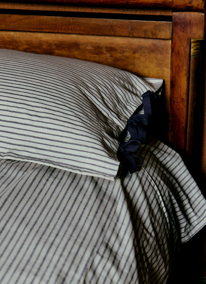 Pyjama Stripe Cotton Housewife Pillowcase | Navy/Ecru