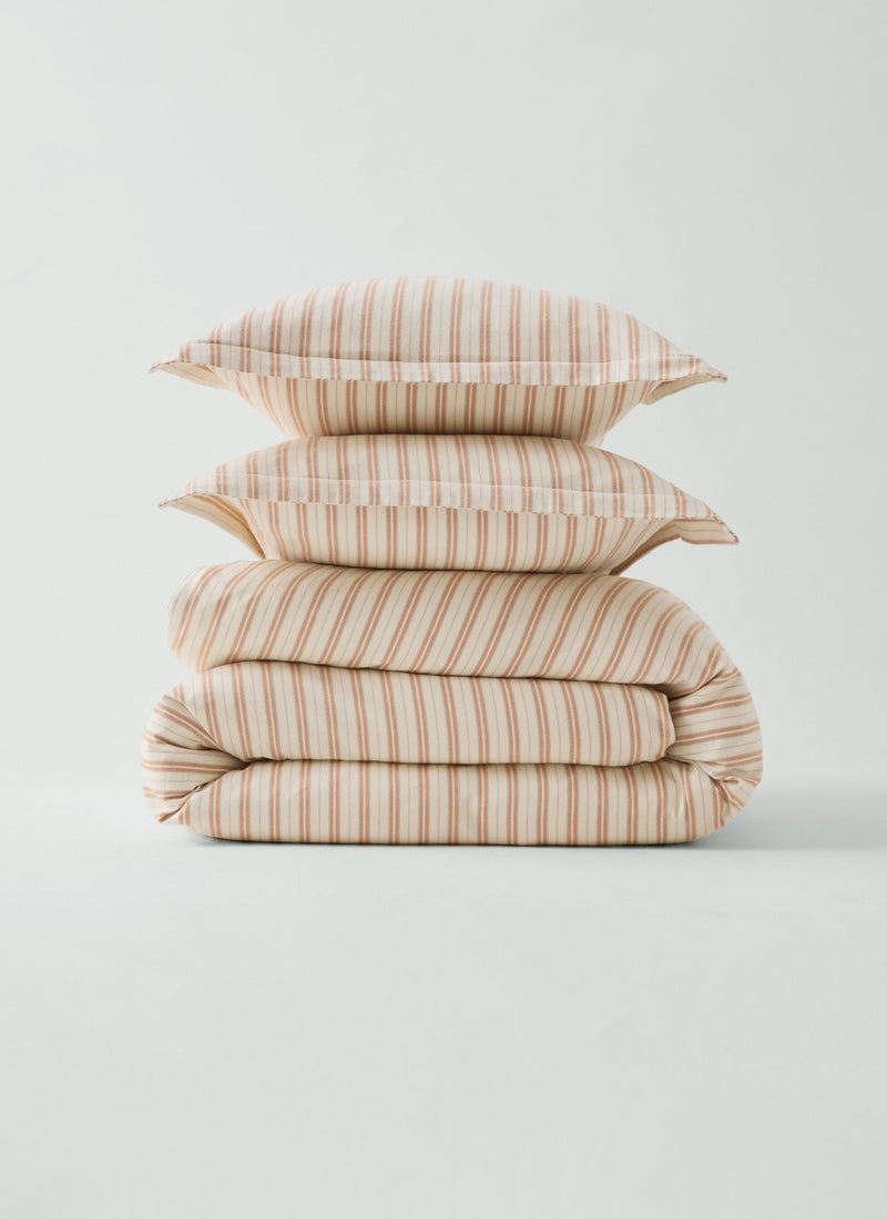 Ines Stripe Cotton Flannel Oxford Pillowcase Set | Apricot/Soft Blue