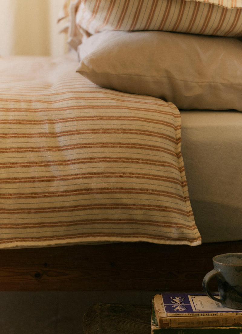 Ines Stripe Cotton Flannel Duvet Cover | Apricot/Soft Blue