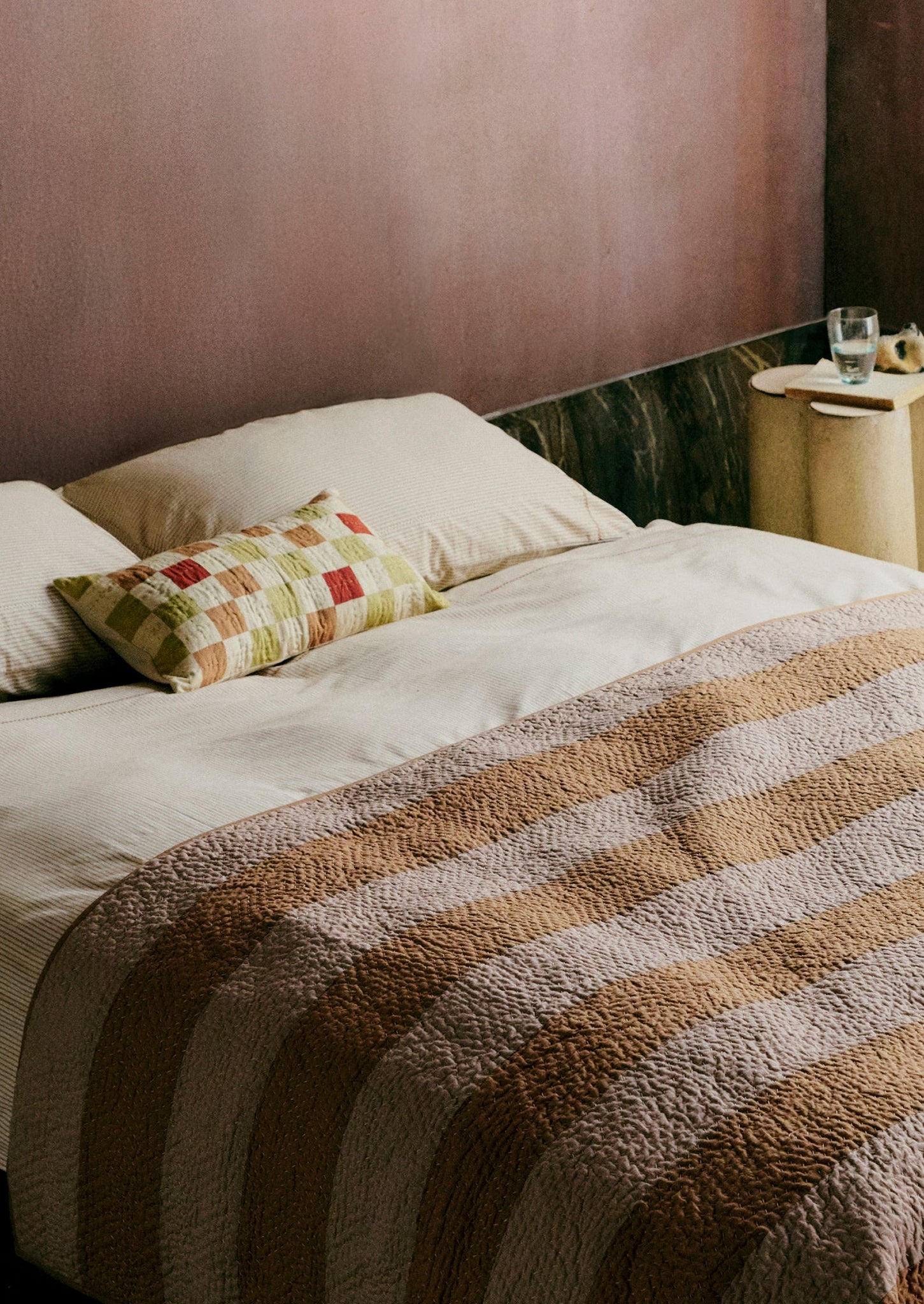 Soft Stripe Cotton Embroidered Pillowcase | Clay/Ecru