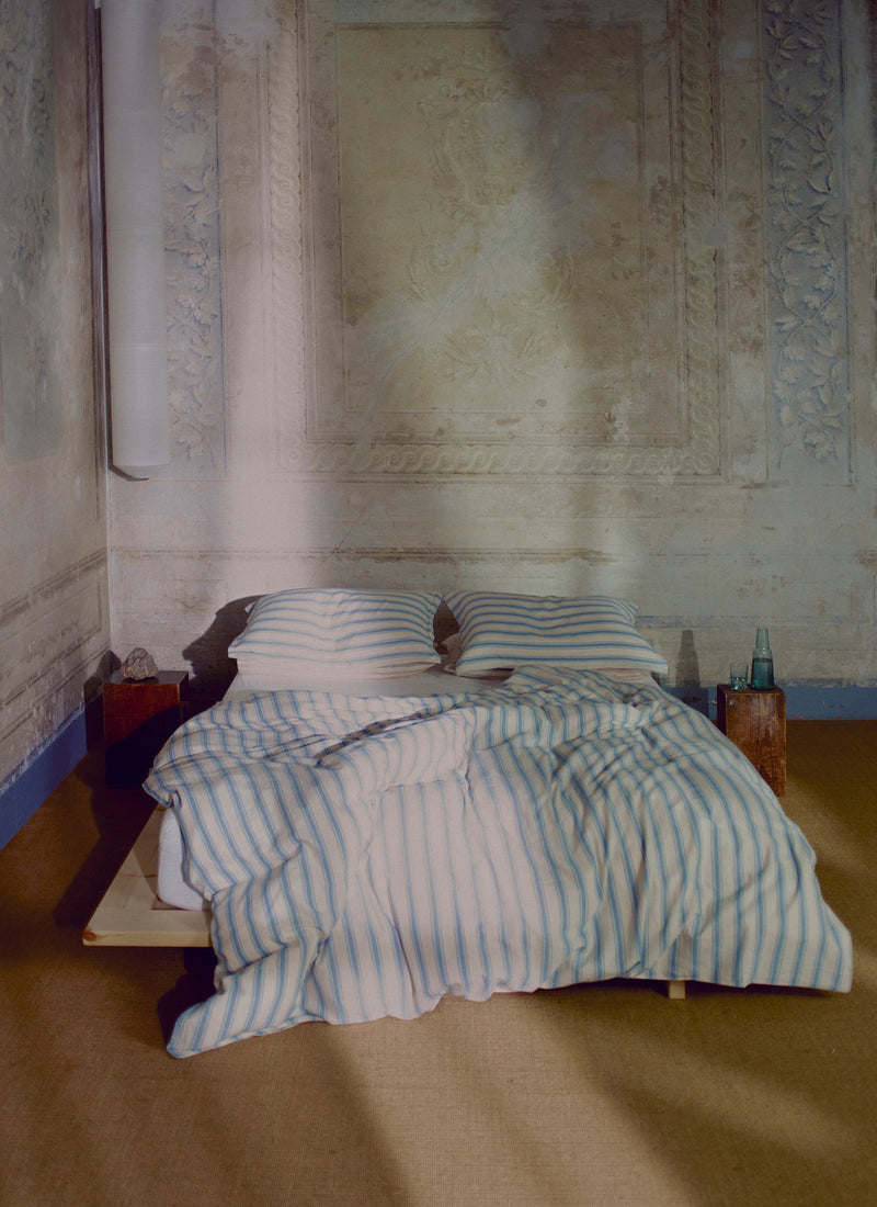 Fjord Stripe Cotton Flannel Duvet Cover | Washed Blue/Ecru