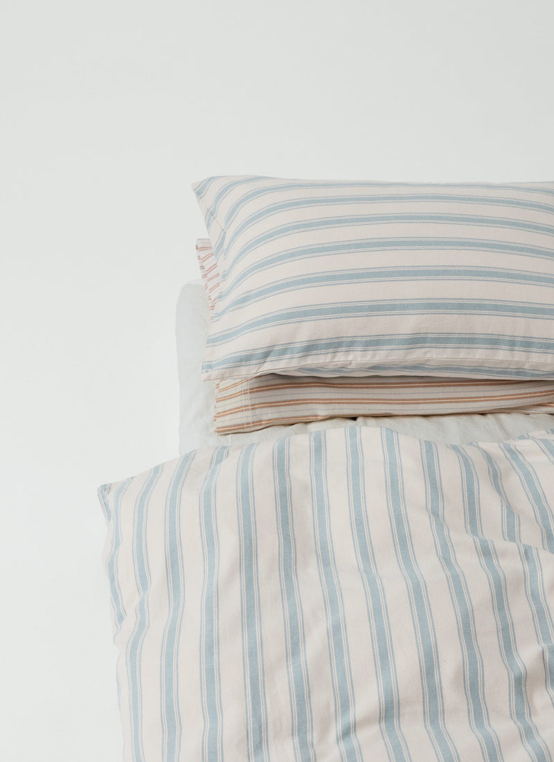 Fjord Stripe Cotton Flannel Duvet Cover | Washed Blue/Ecru