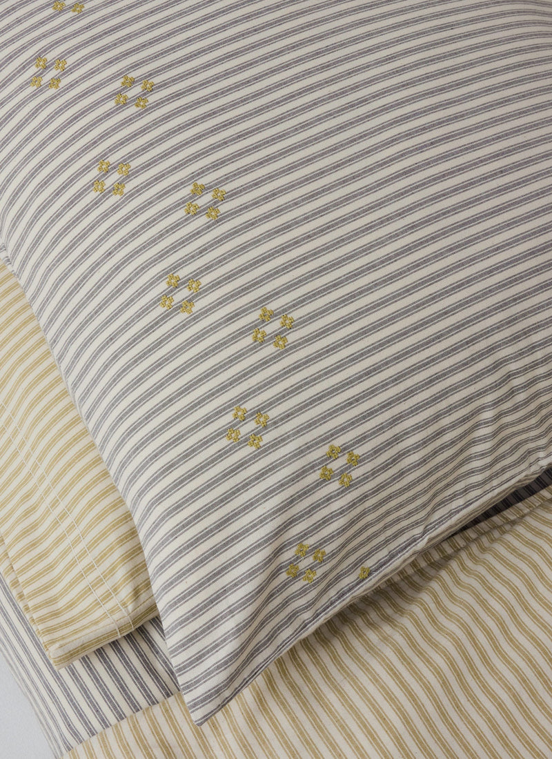 Ticking Stripe Cotton Embroidered Square Pillowcase | Ecru/Graphite