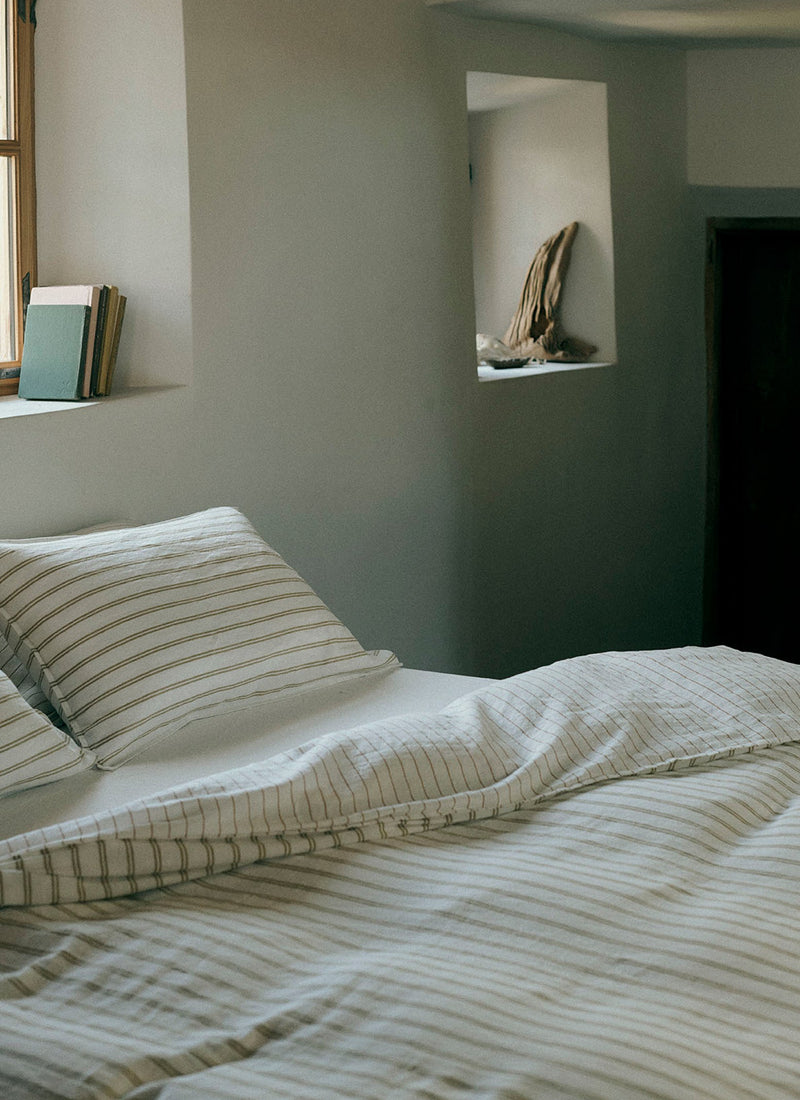Mina Stripe Linen Cotton Duvet Cover | Ivory/Olive/Caramel