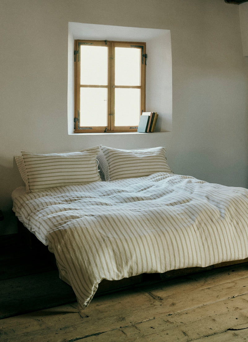 Mina Stripe Linen Cotton Duvet Cover | Ivory/Olive/Caramel