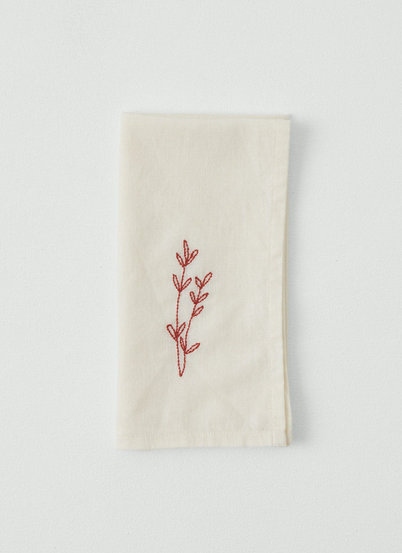 Embroidered Sprig Cotton Linen Napkin | Ecru/Red Clay