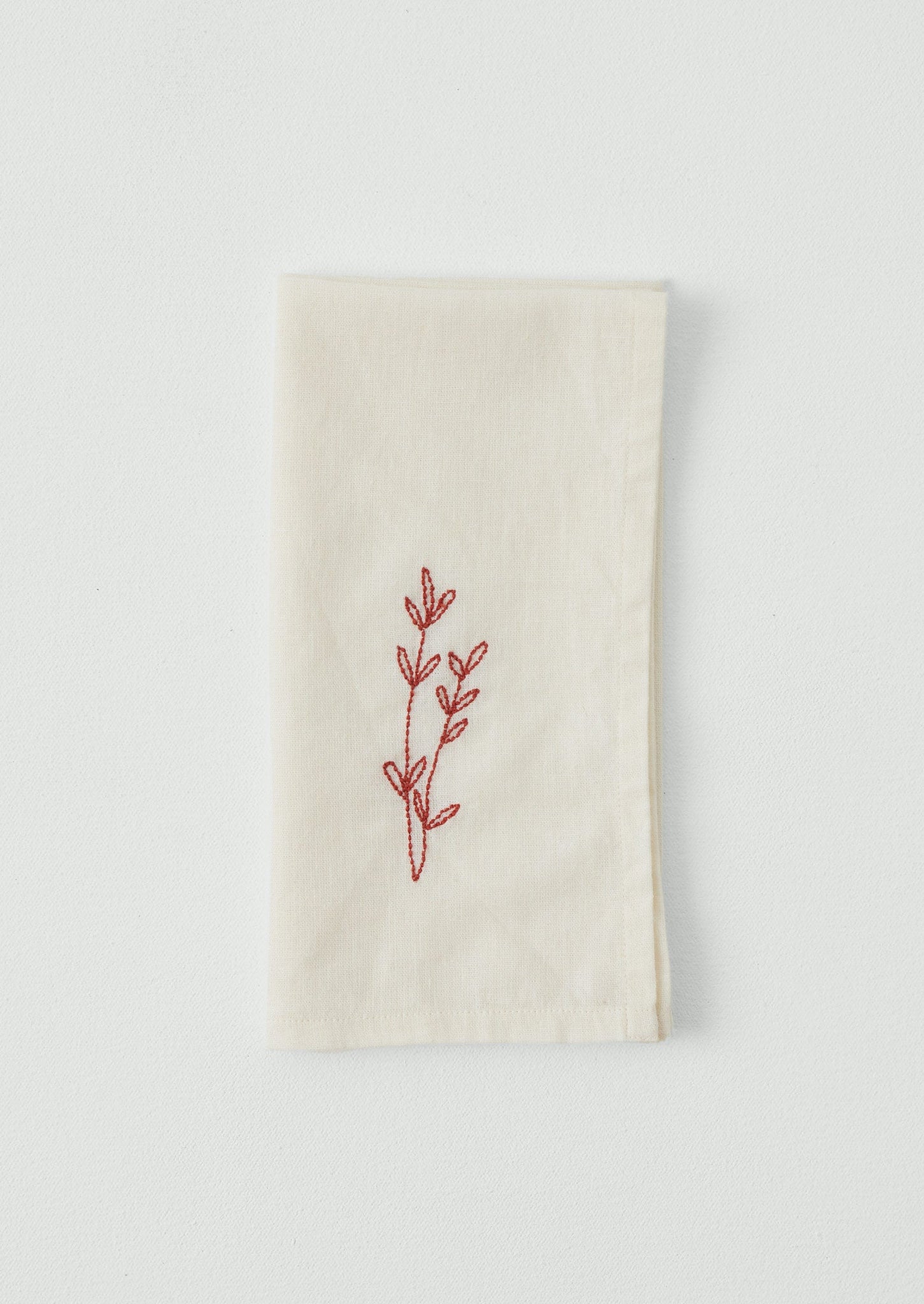 Embroidered Sprig Cotton Linen Napkin | Ecru/Red Clay