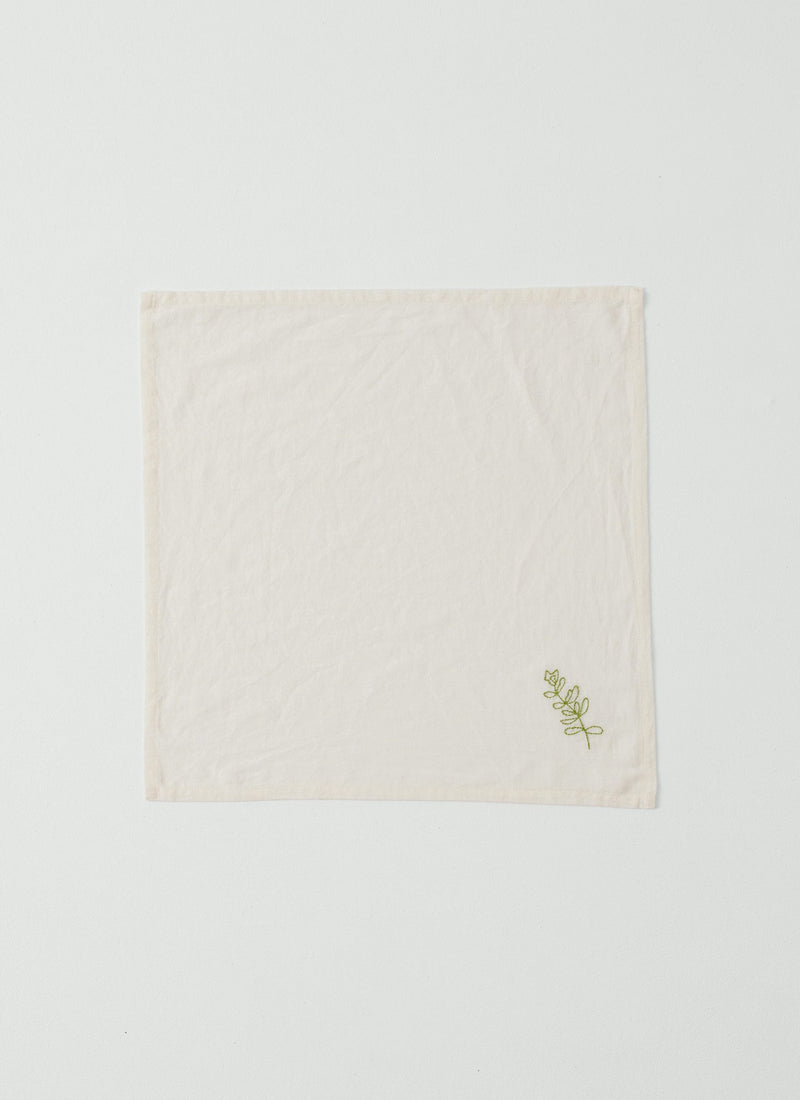 Embroidered Sprig Cotton Linen Napkin | Ecru/Green