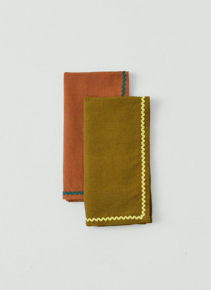 Ric Rac Border Cotton Linen Napkin | Clay/Jade