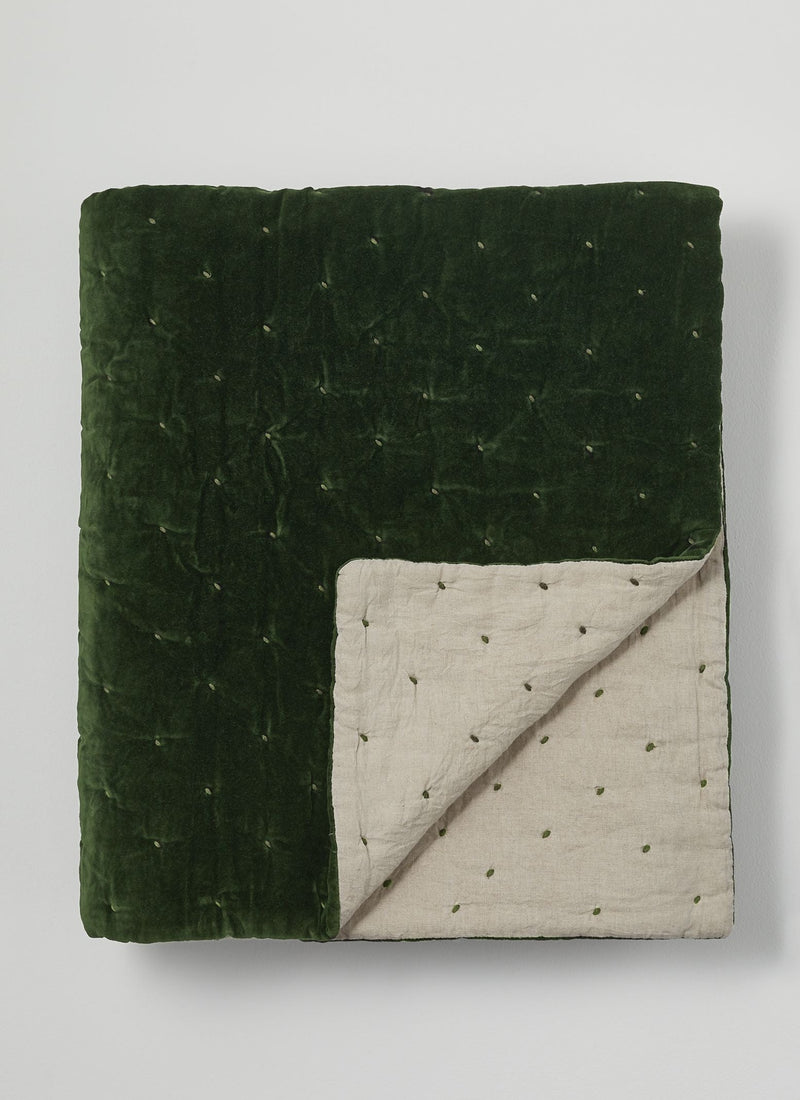 Hand Quilted Velvet Throw | Dark Olive/Natural