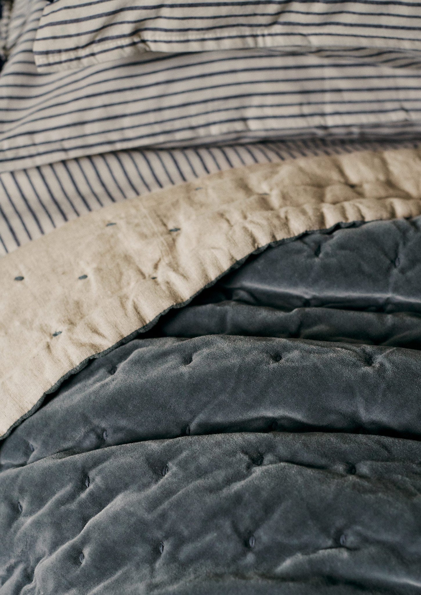 Hand Quilted Velvet Throw | Mineral Blue/Natural