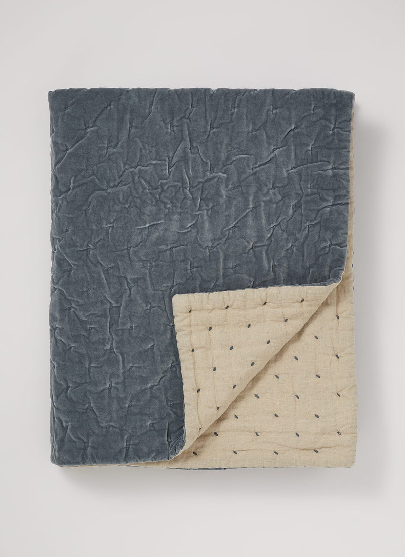 Large Hand Quilted Velvet Throw | Mineral Blue/Natural