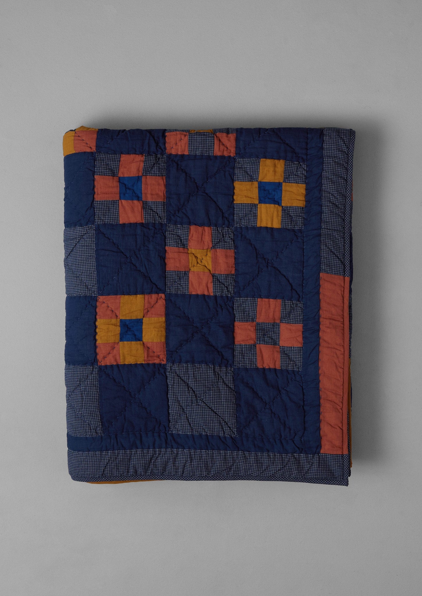 Astrid Check Patchwork Cotton Quilt | Deepest Blue/Sienna