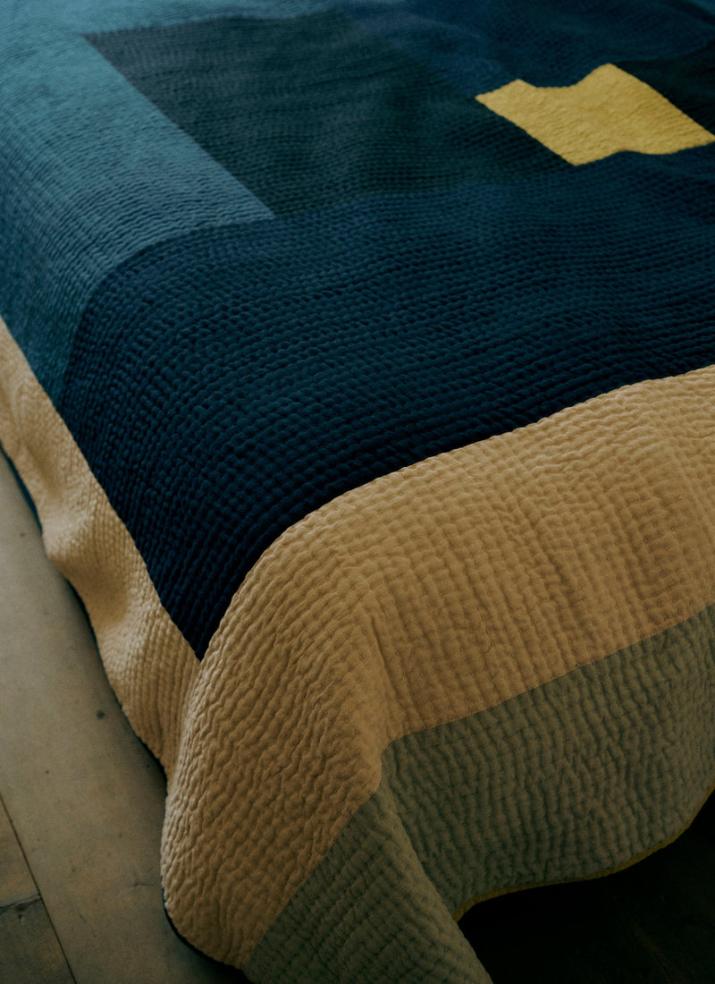 Celeste Cotton Patchwork Quilt | Indigo Blue/Chartreuse