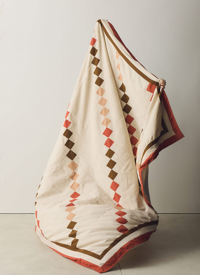 Gable Patchwork Cotton Lightweight Bedspread | Ecru/Rich Ochre/Coral