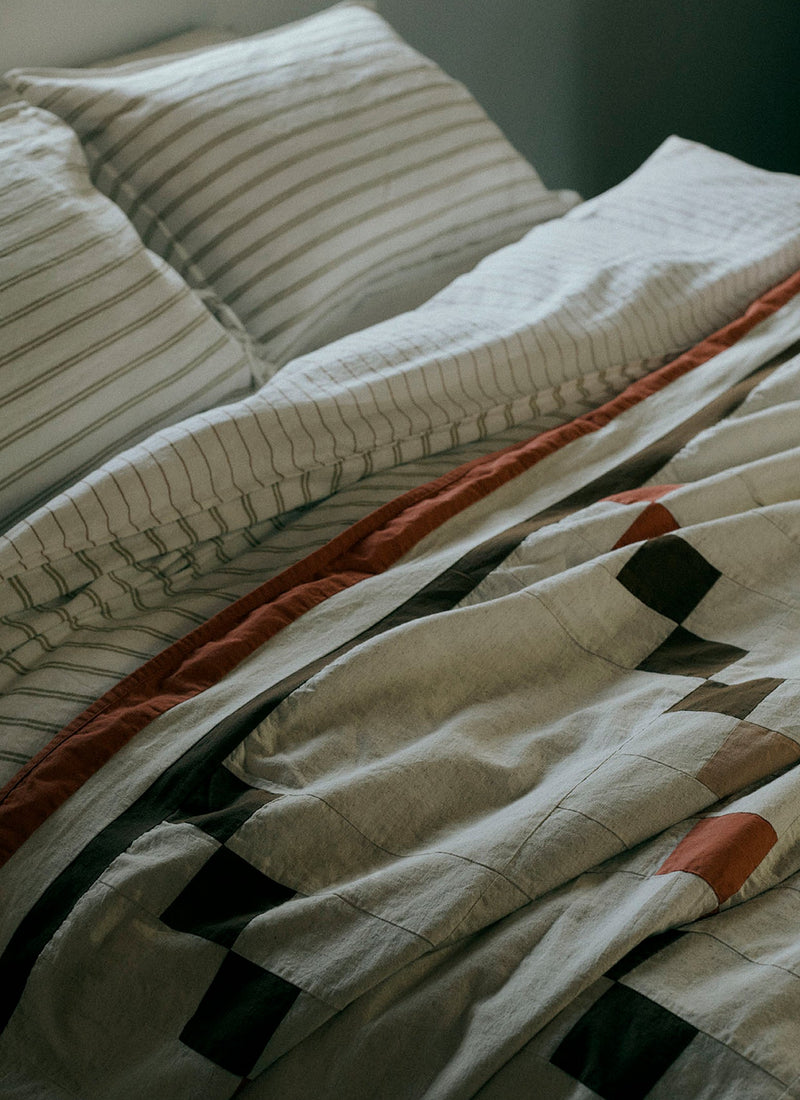Gable Patchwork Cotton Lightweight Bedspread | Ecru/Rich Ochre/Coral