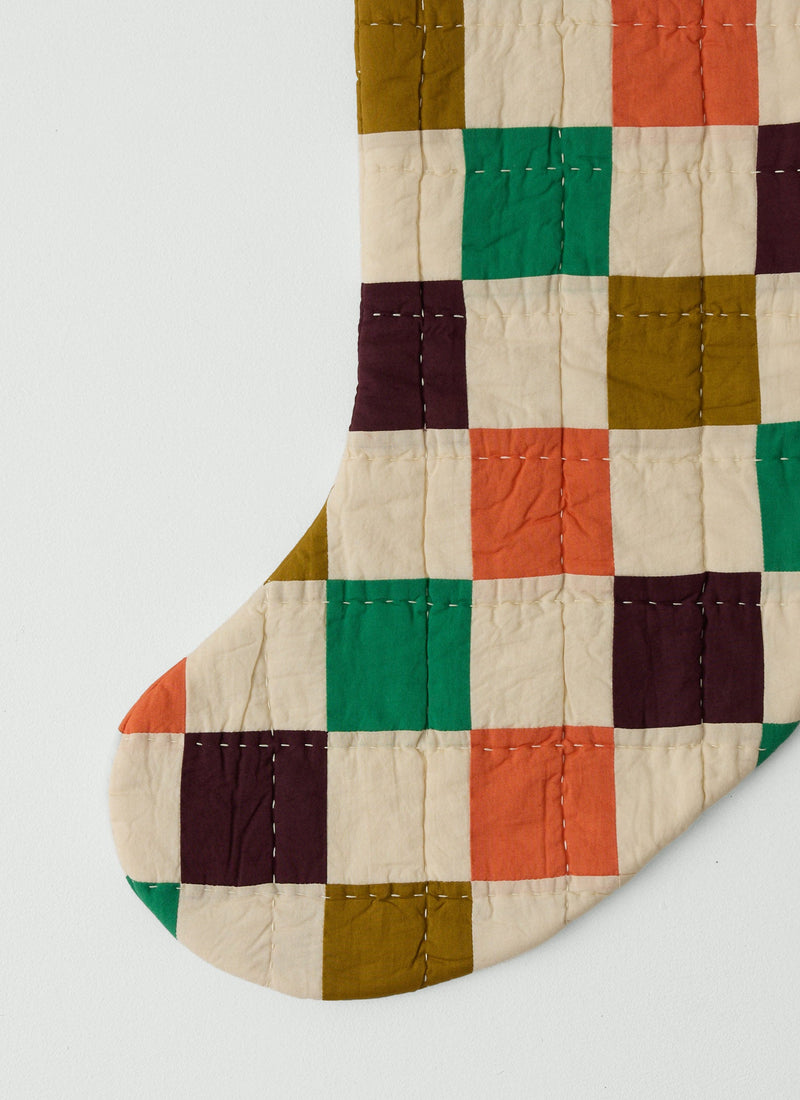 Checkerboard Patchwork Christmas Stocking | Ecru/Mulberry/Jade