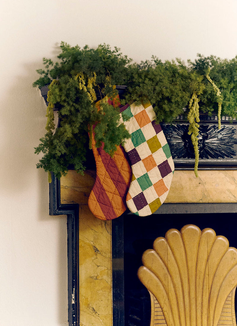 Stripe Patchwork Christmas Stocking | Deep Coral/Ochre