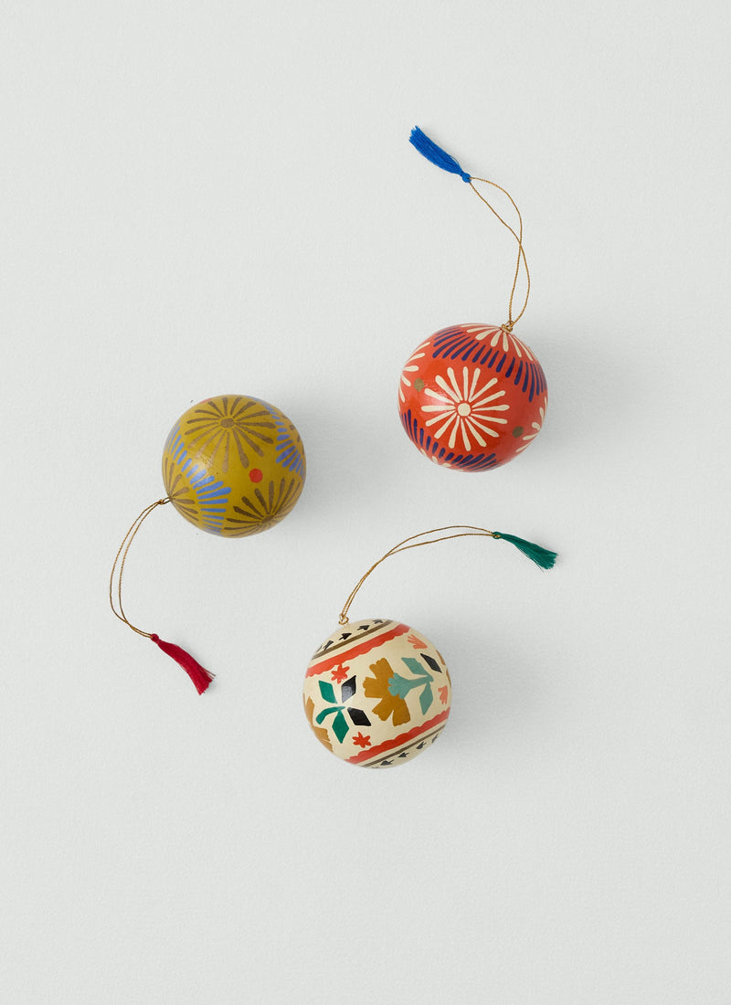 Stencil Floral Hand Painted Bauble | Ecru/Ochre/Emerald