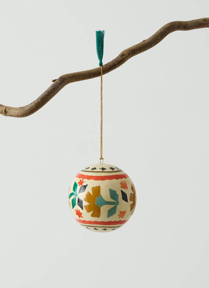 Stencil Floral Hand Painted Bauble | Ecru/Ochre/Emerald