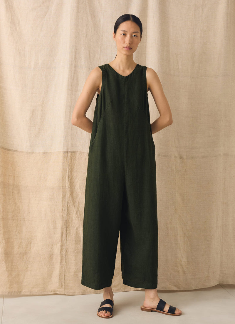 Garment Dyed Linen Scoop Back Jumpsuit | Dark Olive