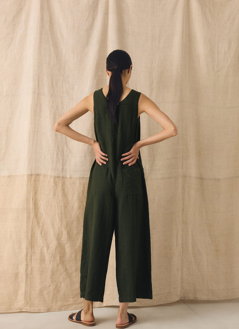 Garment Dyed Linen Scoop Back Jumpsuit | Dark Olive