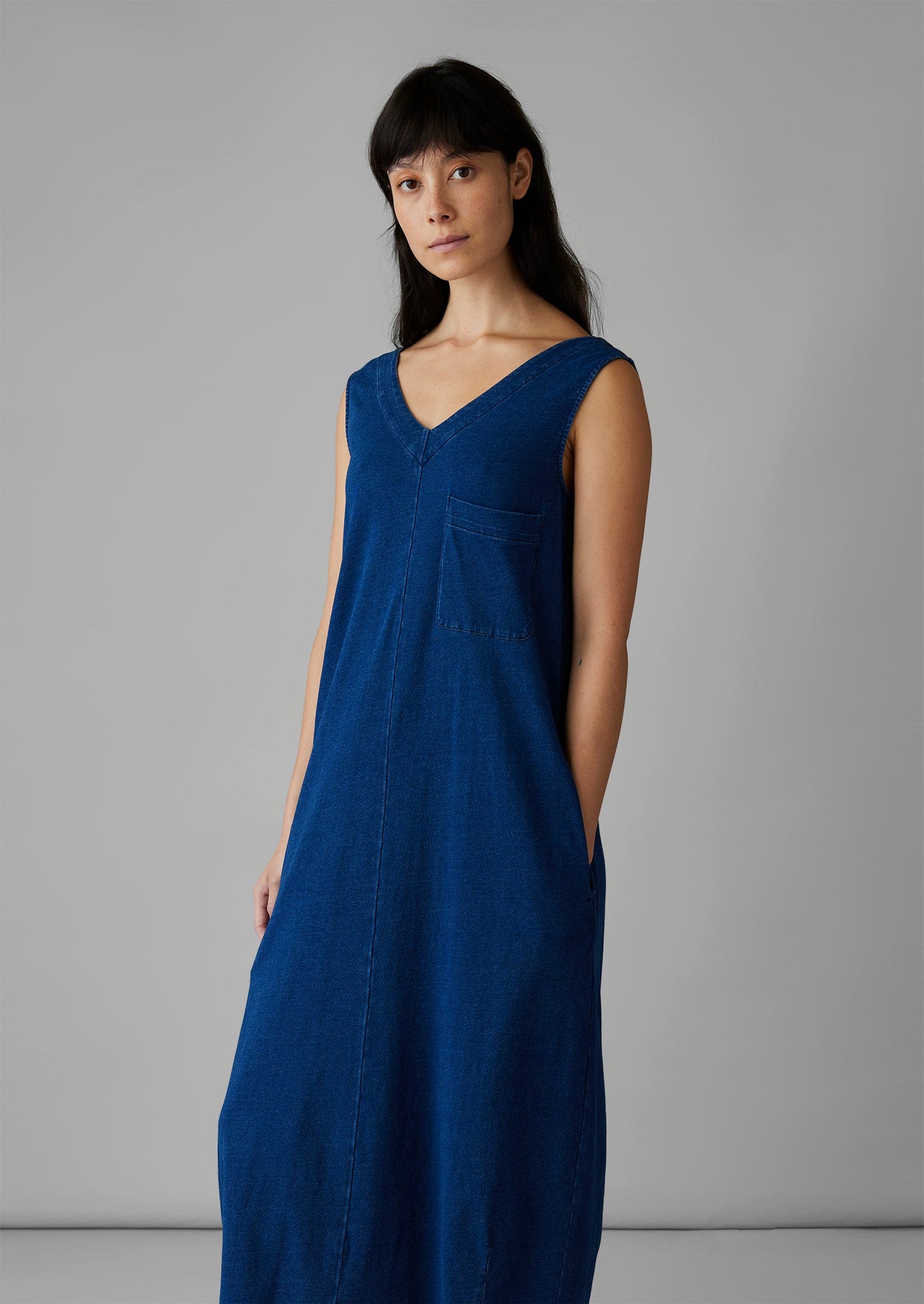 V-Neck Cotton Jersey Dress | Washed Indigo