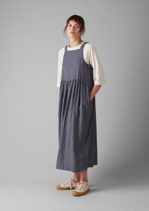 Cotton Linen Twill Gathered Waist Dress | Indigo Blue