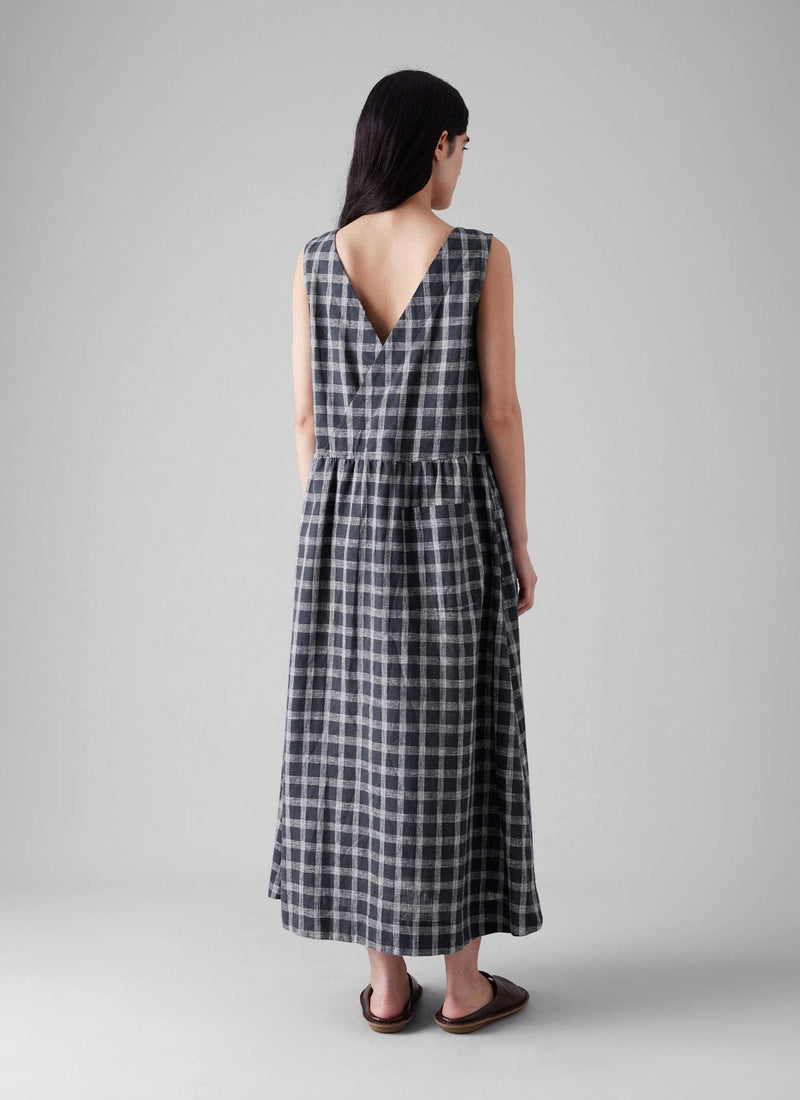 Check Cotton Linen Cross Back Dress | Slate