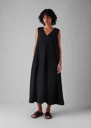 V-Neck Crinkle Cotton Easy Dress | Black