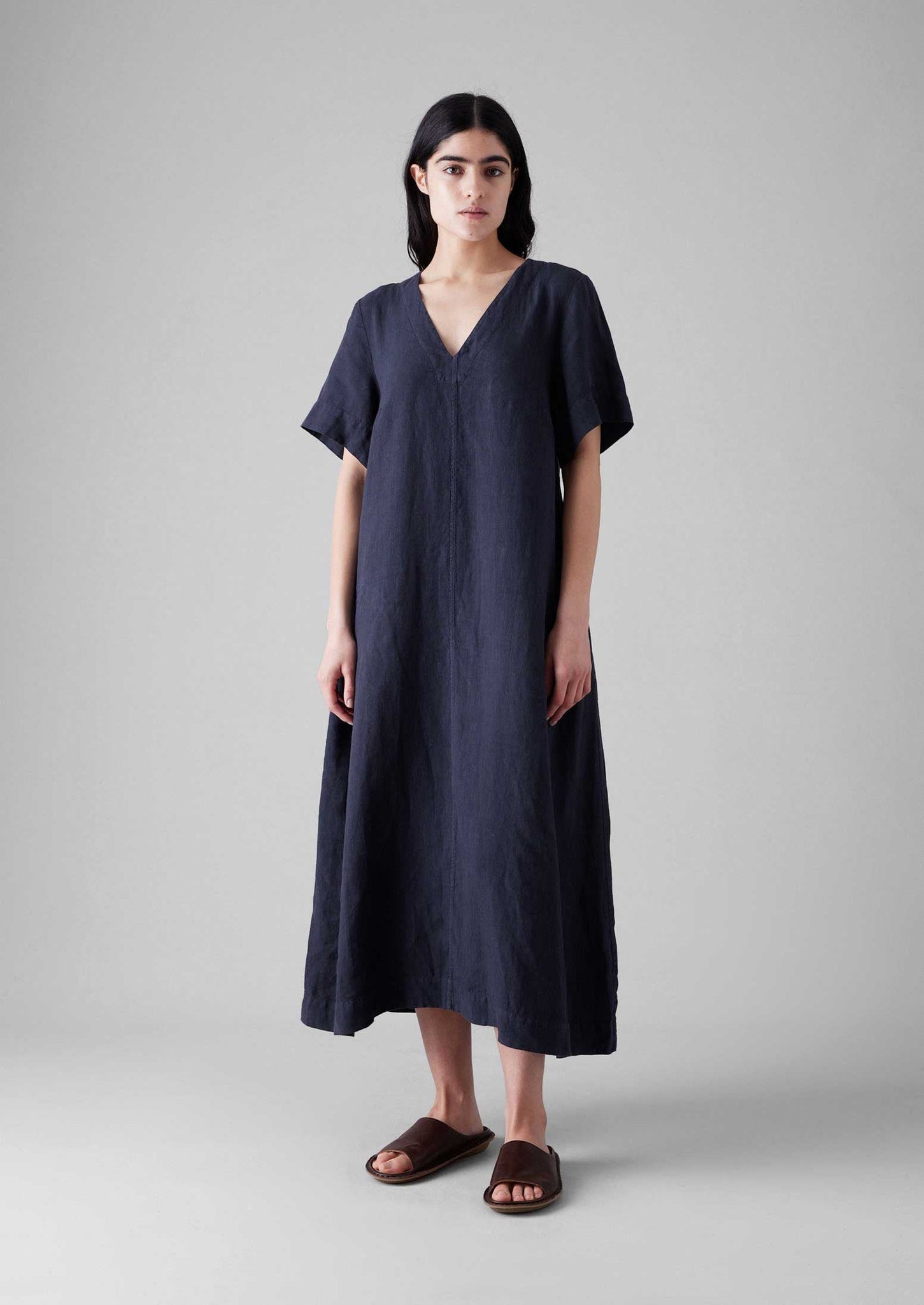 Garment Dyed Linen V Neck Dress | Midnight