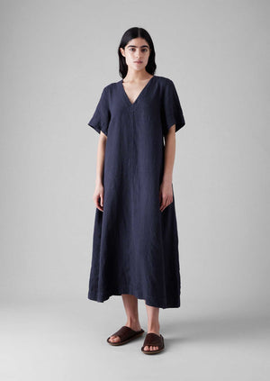 Garment Dyed Linen V Neck Dress | Midnight