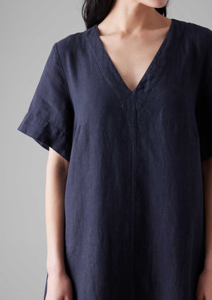 Garment Dyed Linen V Neck Dress | Midnight