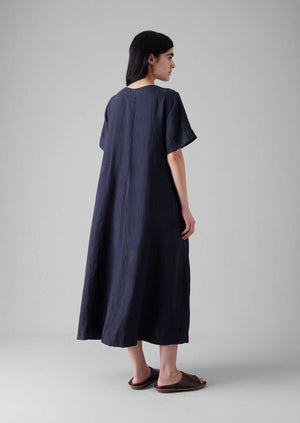 Garment Dyed Linen V Neck Dress | Midnight
