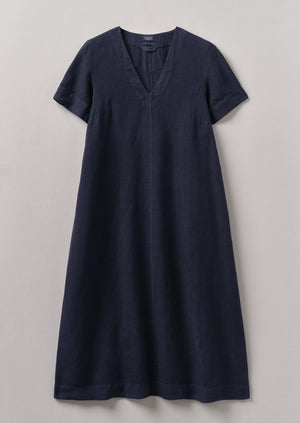 Garment Dyed Linen V Neck Dress | Midnight