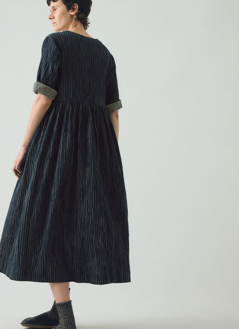 Stripe Crinkled Cotton V Neck Dress | Midnight Blue